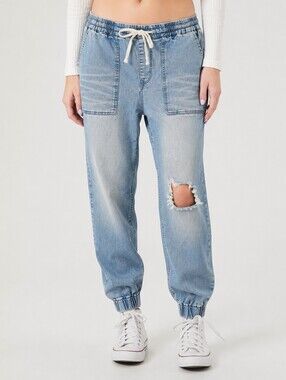 Forever 21 Denim Jogger Jeans Womens Large Distressed Drawstring Elastic Ankle